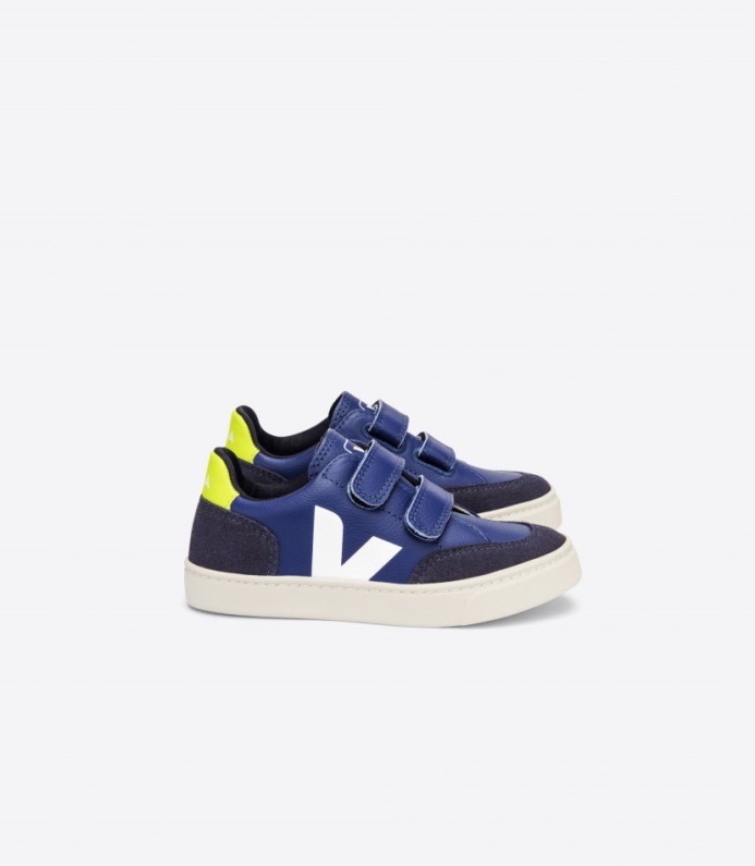 Veja Original V-12 Kromfritt Läder Koboltvit Jaune Fluo